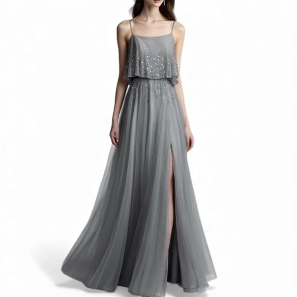 Gray Beaded Prom Dress Tulle Slit Gown Size 8